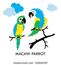 Cartoon african Macaw birds. Vector cartoon african Macaw birds made in flat style. Isolated wild african parrots Cartoon wild african parrots background. Vector african Macaw Parrot.