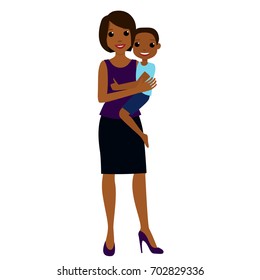 Cartoon african mother with a son in her hands. Young mom holds a child. Vector illustration of full body detailed characters in a flat style, isolated on white background. Eps 8