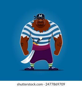 Caricatura de pirata africano o personaje corsario. Vector aislado, robusto, musculoso personaje marinero con expresión temible, vestido con camisa a rayas y bandana, empuña una espada, exudando espíritu aventurero