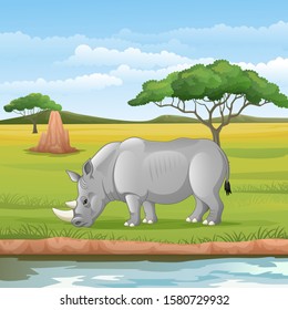 Cartoon African Rhinoceros In The Savannah