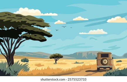 Cartoon African safari landscape. Savannah adventure. Automobile tourism. Explore expedition trip. Tourists in vehicle. Nature panorama. Vector illustration banner