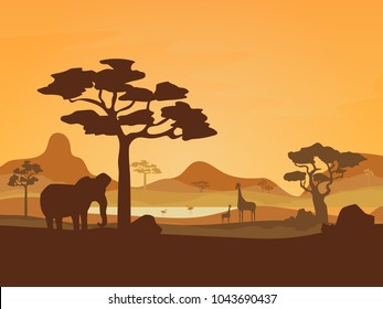 Cartoon African Savannah Card Poster Landscape Background Tourism and Travel Elements Nature Scene Concept Flat Design. Vector illustration