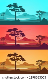 Cartoon African Savannah Card Poster Set Landscape Background Tourism and Travel Elements Nature Scene Concept Flat Design. Vector illustration