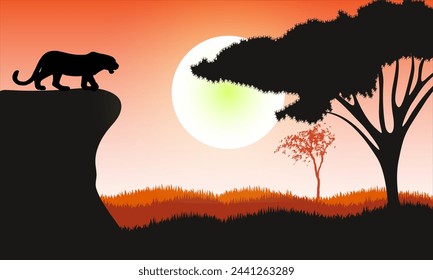 Cartoon African Savannah Card Poster Landscape Background Tourism and Travel Elements Nature Scene Concept Flat Design. illustration