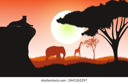 Cartoon African Savannah Card Poster Landscape Background Tourism and Travel Elements Nature Scene Concept Flat Design. illustration