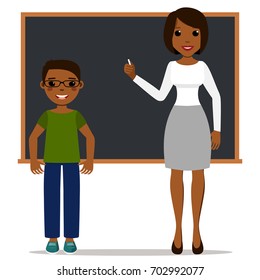 Cartoon african teacher and schoolboy standing near whiteboard. Young boy wears glasses.  Vector illustration of full body detailed characters in a flat style, isolated on white background. Eps 8