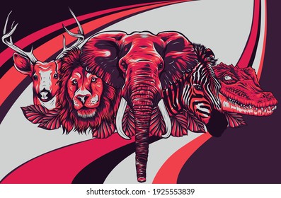 Cartoon african wild animals on white background
