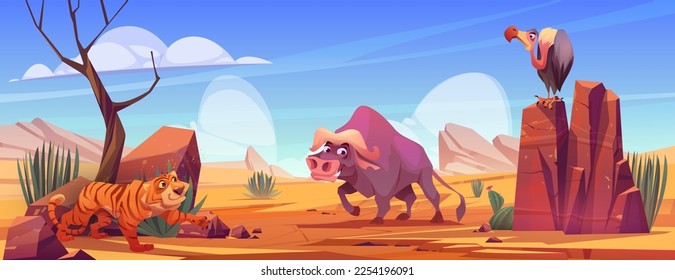 Caricatura animales salvajes africanos en el fondo de la sabana. Ilustración vectorial de la caza de tigres, parrilla sentada en piedra rocosa y búfalo en medio natural o parque safari. Habitantes de zoológicos exóticos