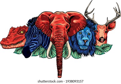 Cartoon african wild head animals on white background