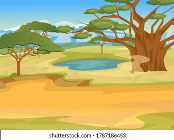 Cartoon Afrikanische Wildnis mit Baobab. Realistische Vektorlandschaft. Naturreservat und Nationalparks. Vektorgrafik