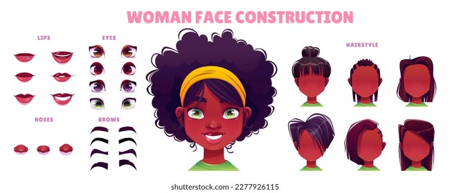 Cartoon afrikanische Frau Gesicht Avatar-Bau für Animation. Girl-Charakter mit Set von Frisur, Mund, Auge und Braun Element, um weibliches Porträt zu schaffen. Spielnutzer 10 individuelle Gesichtsgenerator.