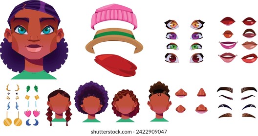 Cartoon african woman face avatar construction for animation. Girl character with set of hairstyle, mouth, eye and brow elements to create female portrait. Face generator.