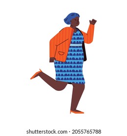 Cartoon African woman running in dress and shoes - obese female runner isolated on white background. Fast run late for event, vector illustration.