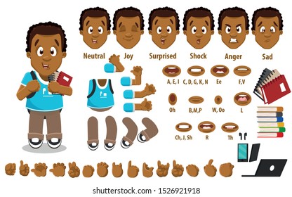 Cartoon african-american teen constructor for animation. Parts of body: legs, arms, face emotions, hands gestures, lips sync. Full length, front, three quater view. Set of ready to use poses, objects.