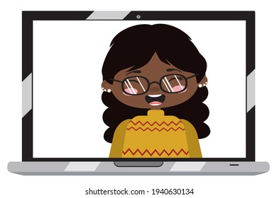 Cartoon afro american girl on laptop screen, chatting online, distance technology concept.