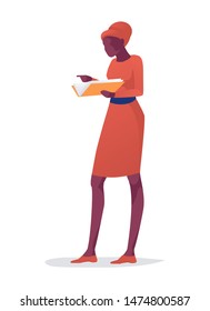Cartoon Afro American Lady Wearing Elegant Dress or Librarian Stands Holding Book. Female Character Reading. Book Festival. Literature Fan and Bookworm. Vector Isolated Flat Illustration