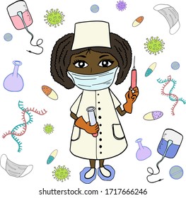 Cartoon afro american nurse with vaccine. Hand drawn vector female doctor in mask and doodle set about coronavirus, Covid-19.Pandemic protection. Quarantine positive doodle icons. Isolated on white.