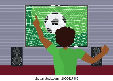 Cartoon afro american soccer or football fan watching tv illustration.