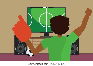 Cartoon afro american soccer or football fan watching tv illustration.