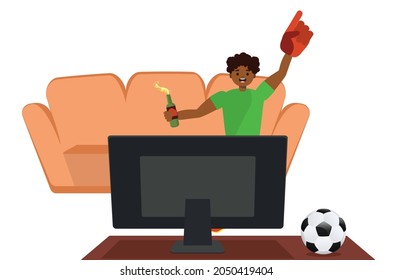 Cartoon afro american soccer or football fan watching tv illustration.