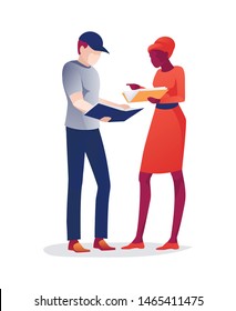 Cartoon Afro American Woman and Caucasian Man Stand Holding Paper Books in Hands. Female and Male Literature Lovers or Fans Reading with Pleasure, Discussing Previously Read. Vector Flat Illustration