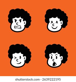 Cartoon afro boy character set with four different facial expressions: happy, angry, silly, and sad. Vector illustration on orange background, perfect for emoji or sticker pack