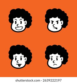 Cartoon afro boy character set with four different facial expressions: happy, angry, silly, and sad. Vector illustration on orange background, perfect for emoji or sticker pack