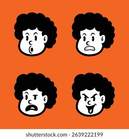 Cartoon afro boy character set with four different facial expressions: happy, angry, silly, and sad. Vector illustration on orange background, perfect for emoji or sticker pack
