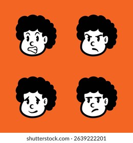 Cartoon afro boy character set with four different facial expressions: happy, angry, silly, and sad. Vector illustration on orange background, perfect for emoji or sticker pack
