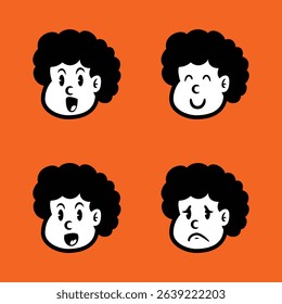 Cartoon afro boy character set with four different facial expressions: happy, angry, silly, and sad. Vector illustration on orange background, perfect for emoji or sticker pack
