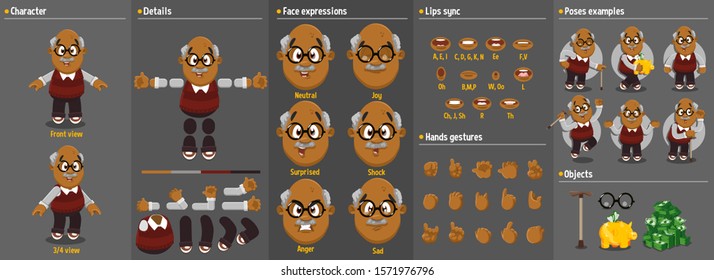 Cartoon afro-american aged man constructor for animation. Parts of body: legs, arms, face emotions, hands gestures, lips sync. Full length, front, three quater view. Set of ready to use poses, objects