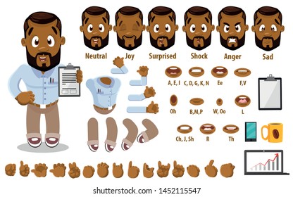 Cartoon afro-american bearded man constructor for animation. Parts of body: legs, arms, face emotions, hands gestures, lips sync. Full length, front, three quater. Set of ready to use poses, objects.