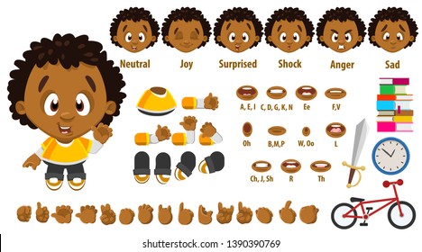 Cartoon afro-american boy constructor for animation. Parts of body: legs, arms, face emotions, hands gestures, lips sync. Full length, front, three quater view. Set of ready to use poses, objects.