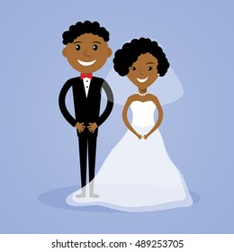 Cartoon afro-american bride and groom. Cute black wedding couple in flat style. Can be used for wedding invitation, save the date and thank you card.