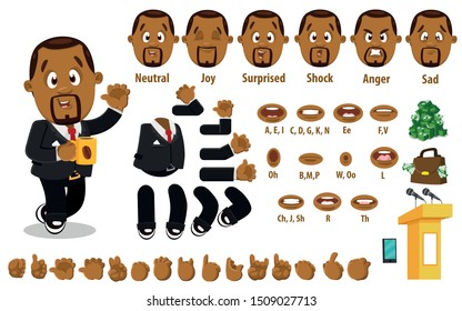 Cartoon afro-american businessman constructor for animation. Parts of body: legs, arms, emotions, hands gestures, lips sync. Full length, front, three quater view. Set of ready to use poses, objects.