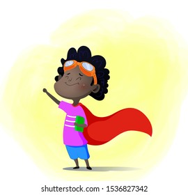 Cartoon afro-american child playing superhero with book in hand. Vector illustration. Creative ideas and innovation concept.
