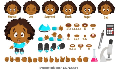 Cartoon afro-american girl constructor for animation. Parts of body: legs, arms, face emotions, hands gestures, lips sync. Full length, front, three quater view. Set of ready to use poses, objects.