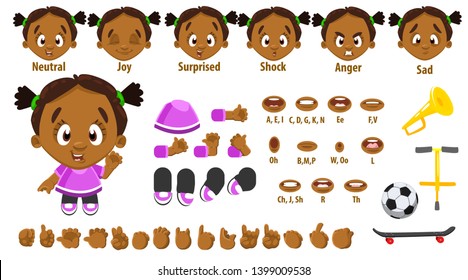 Cartoon afro-american girl constructor for animation. Parts of body: legs, arms, face emotions, hands gestures, lips sync. Full length, front, three quater view. Set of ready to use poses, objects.