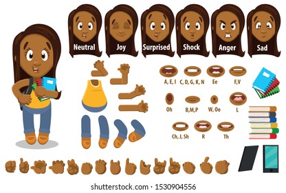 Cartoon afro-american girl constructor for animation. Parts of body: legs, arms, face emotions, hands gestures, lips sync. Full length, front, three quater view. Set of ready to use poses, objects.