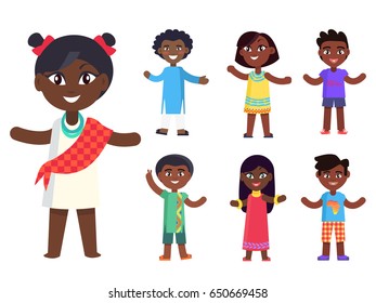 Cartoon afro-american girl in national cloth and her friends isolated vector illustrations set. Pretty kids with black skin celebrate day of child