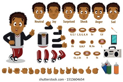 Cartoon afro-american guy constructor for animation. Parts of body: legs, arms, face emotions, hands gestures, lips sync. Full length, front, three quater view. Set of ready to use poses, objects.