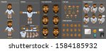 Cartoon afro-american man constructor for animation. Parts of body: legs, arms, face emotions, hands gestures, lips sync. Full length, front, three quater view. Set of ready to use poses, objects