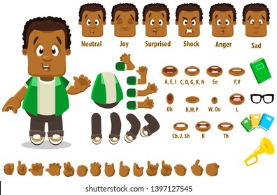 Cartoon afro-american man constructor for animation. Parts of body: legs, arms, face emotions, hands gestures, lips sync. Full length, front, three quater view. Set of ready to use poses, objects.