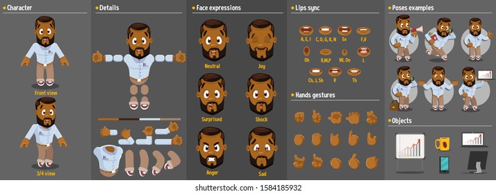 Cartoon afro-american man constructor for animation. Parts of body: legs, arms, face emotions, hands gestures, lips sync. Full length, front, three quater view. Set of ready to use poses, objects