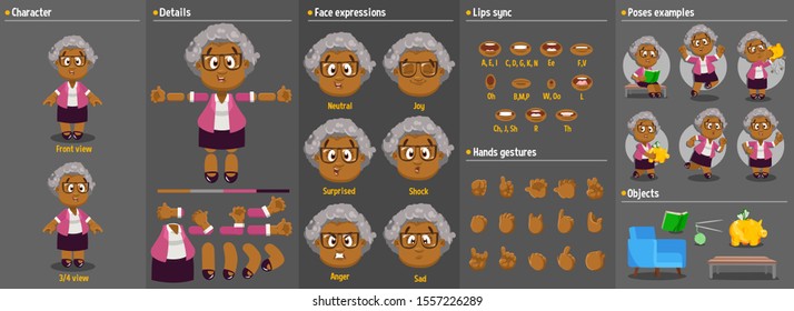 Cartoon afro-american old woman constructor for animation. Parts of body: legs, arms, face emotions, hands gestures, lips sync. Full length, front, three quater view. Set of ready to use poses, object