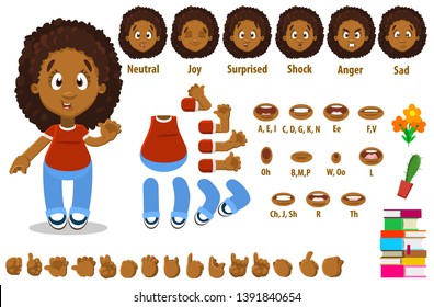 Cartoon afro-american woman constructor for animation. Parts of body: legs, arms, face emotions, hands gestures, lips sync. Full length, front, three quater view. Set of ready to use poses, objects.