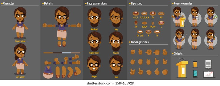 Cartoon afro-american woman constructor for animation. Parts of body: legs, arms, face emotions, hands gestures, lips sync. Full length, front, three quater view. Set of ready to use poses, objects.