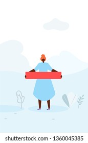 Cartoon Afro-American Woman in Traditional Clothes Standing and Holding Red Agitating Flag Protection of Race or Womens Rights Feminist Conceptual Flat Banner Template Vector Style Illustration