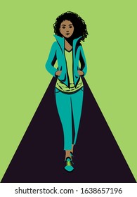 cartoon afro-american woman walking in sportswear