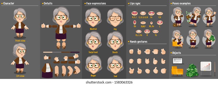 Cartoon aged businesswoman constructor for animation. Parts of body: legs, arms, face emotions, hands gestures, lips sync. Full length, front, three quater view. Set of ready to use poses, objects.